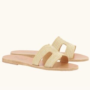 Ancient Greek Kentima Leather Metallic Embroidered Flat Slide Sandals NWT